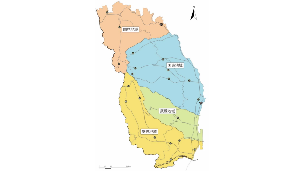 国東市（くにさきし）の地区別の地図